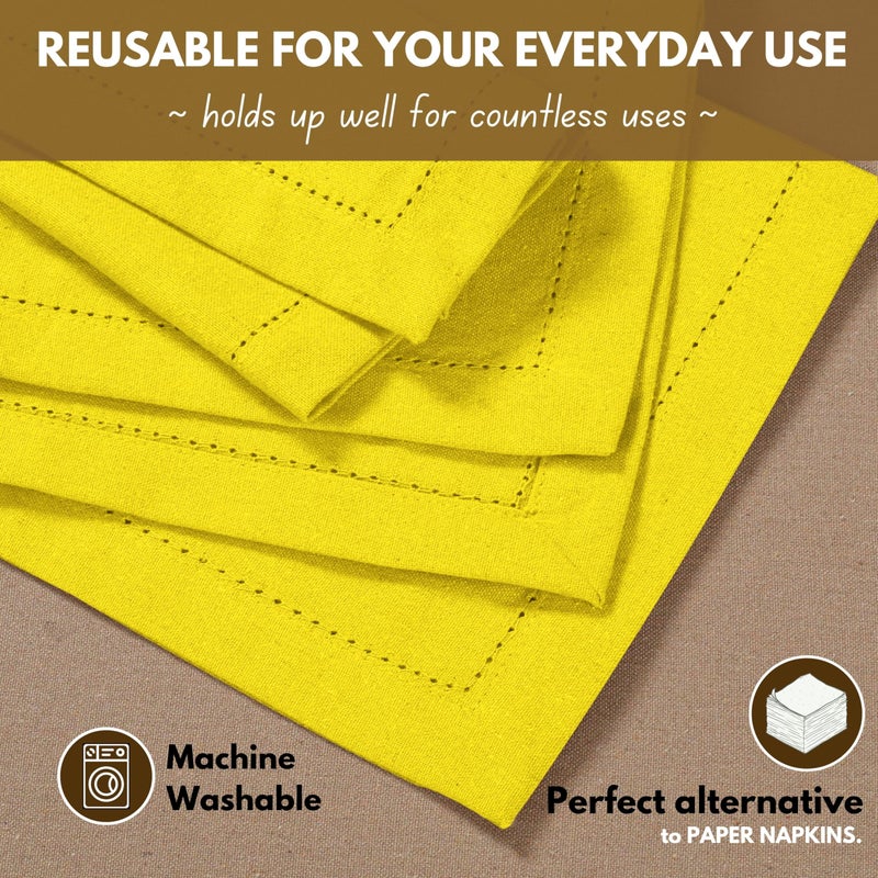 Native Fab Yellow Cloth Napkins, 100% Cotton, Set of 12, Hemstitch Corners, 18x18 inch, Soft, Durable, Reusable, Premium Hotel Quality - Events, Wedding, Table, Dinner Napkins - Lemon Yellow - Image 5